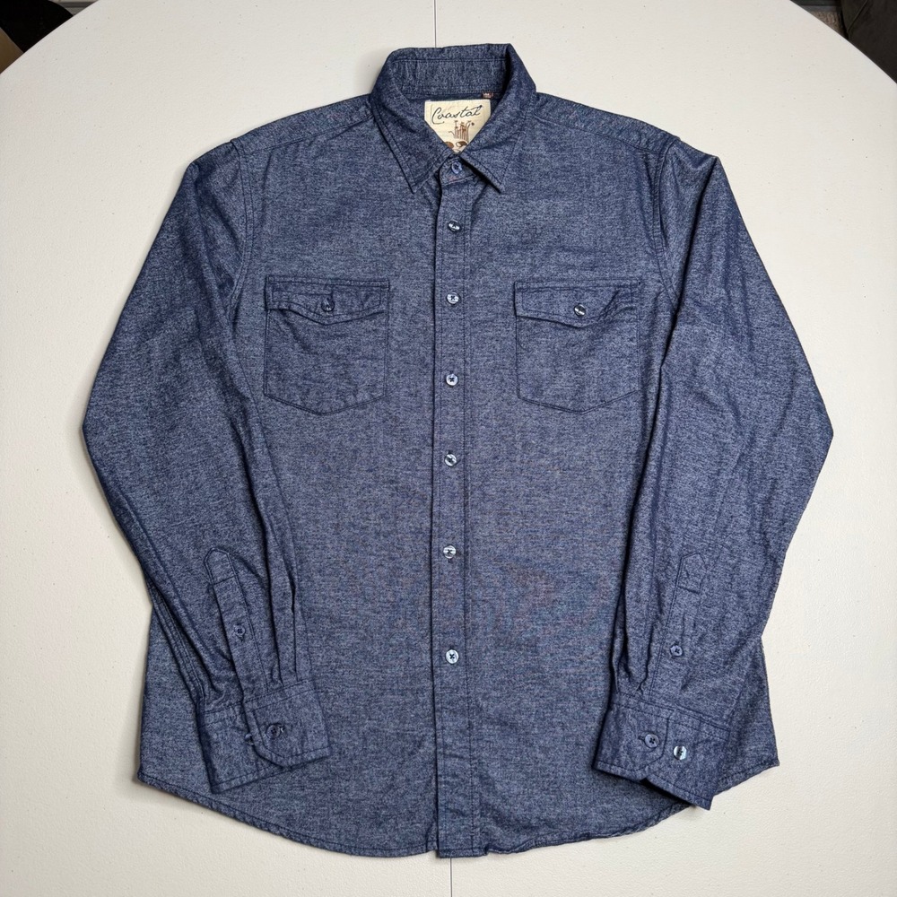 Coastal Mens Medium Blue Heathered Long Sleeve Button Down Shirt Dual Pockets